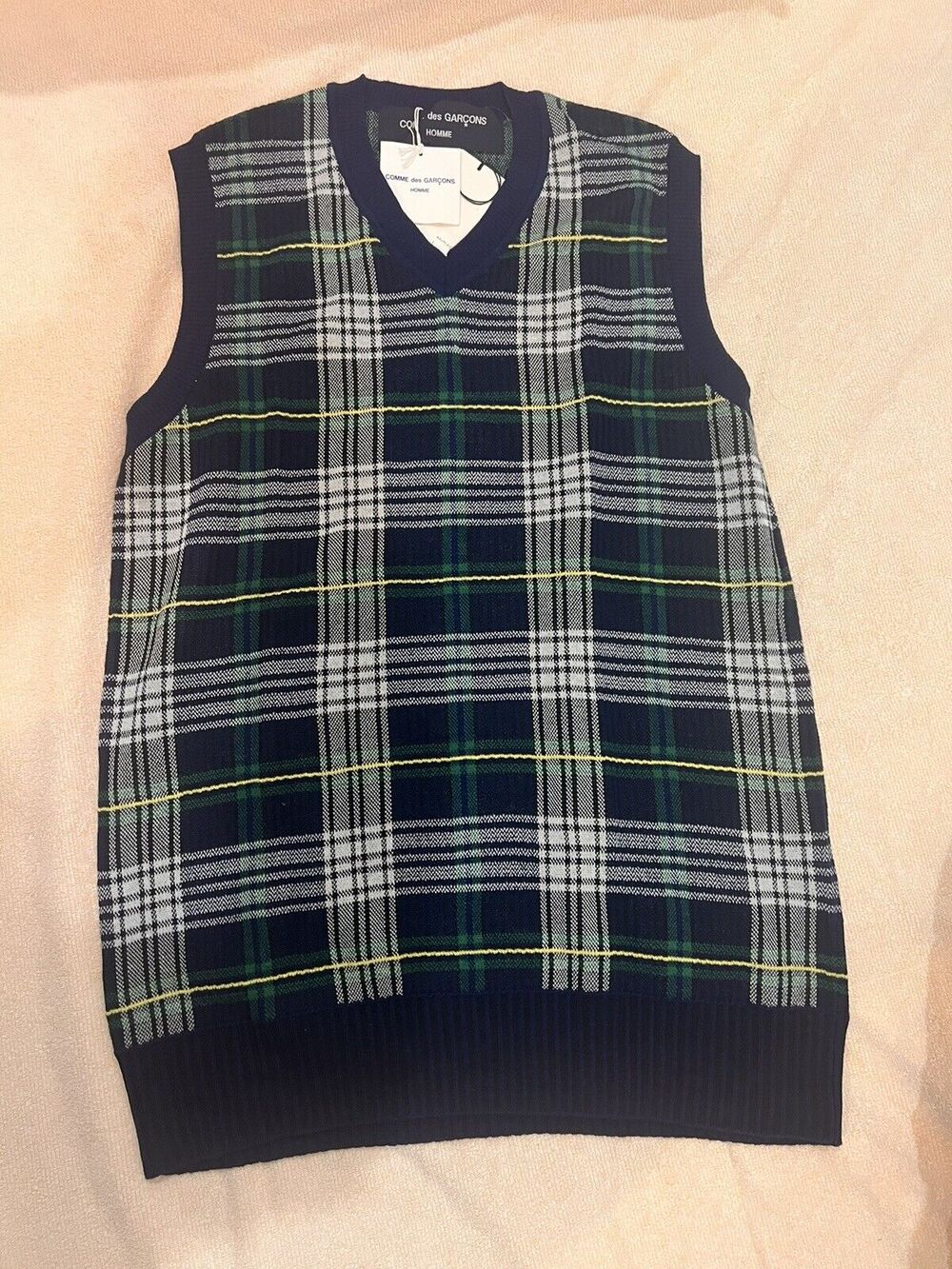 Comme des Garcons Vest Mens Size Large Knit Navy Plaid V-neck Wool L